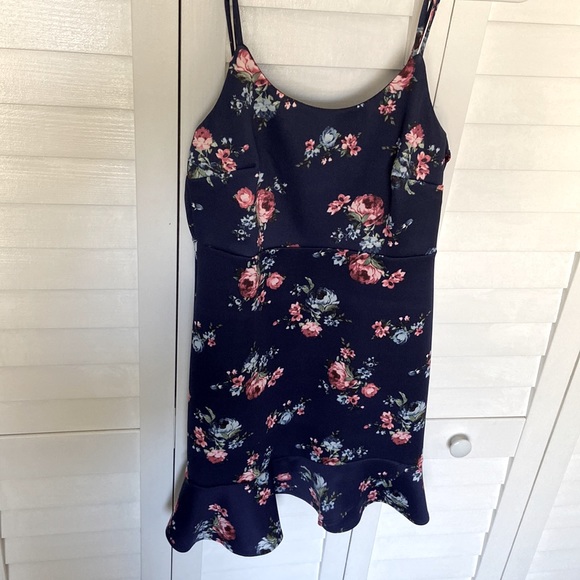 Aqua Navy Blue and Pink Rose Mini Dress - Picture 2 of 7